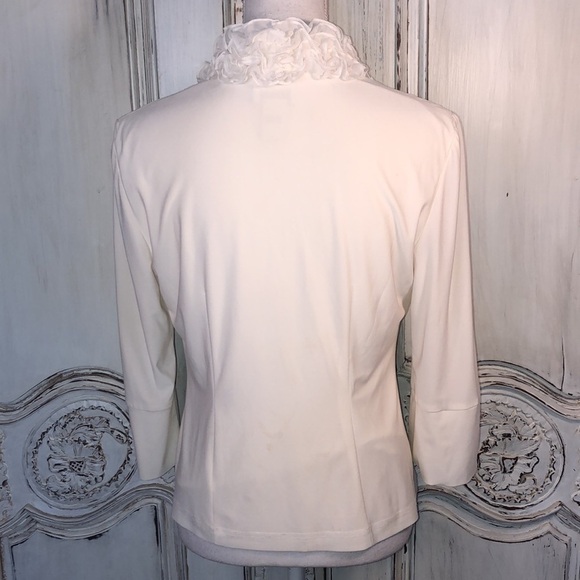 Andre’ Oliver Jersey Knit Multi Layered Ruffle Neckline Mid Sleeve Popover Top - Picture 9 of 11